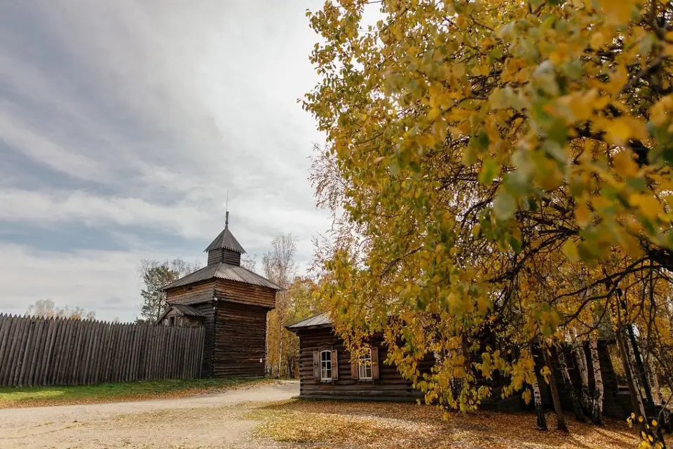 Деревянная башня среди осенних деревьев